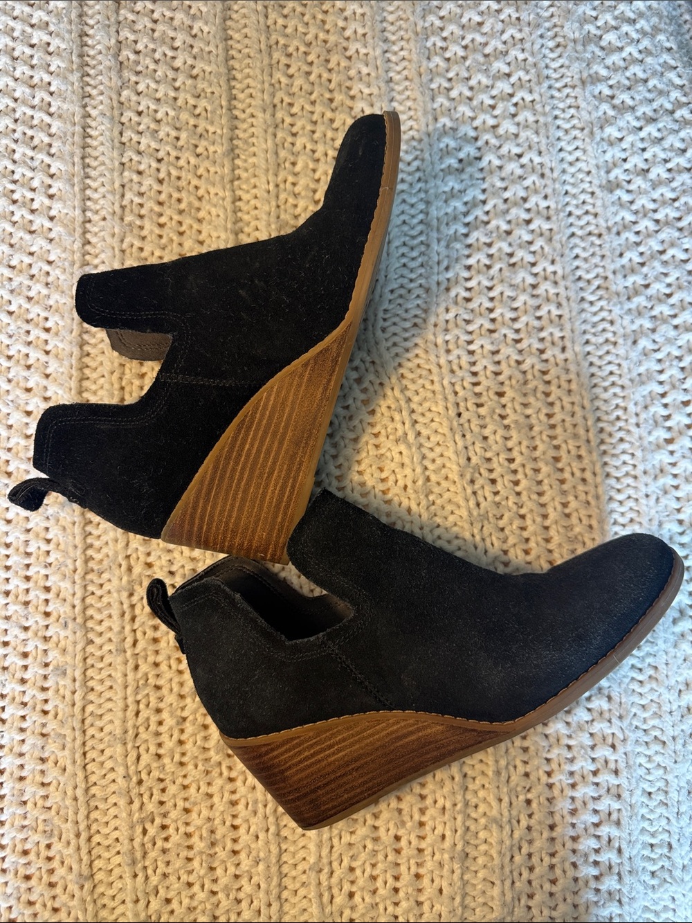 Toms Black Suede Wedge Booties with Brown Stacked Heel